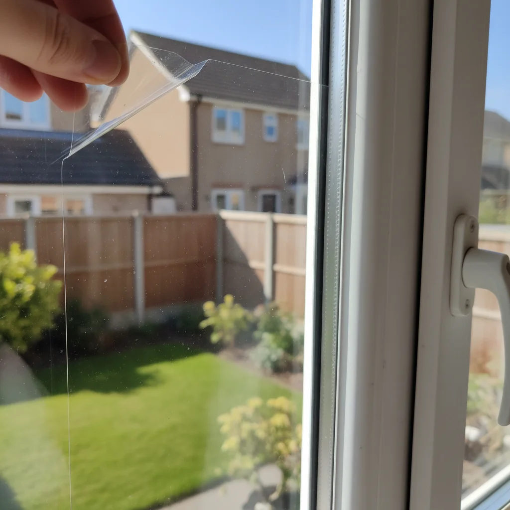 Close-up of clear window security film applied to a residential window pane