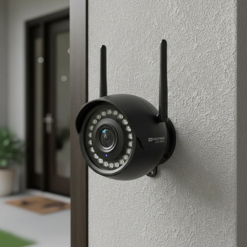 Wireless security camera with night vision monitoring a home entryway
