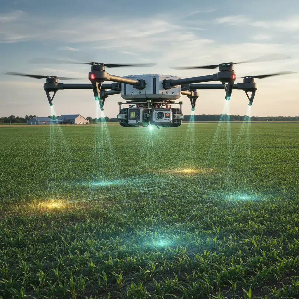 Drone with sensors monitoring an agricultural field for smart farming.