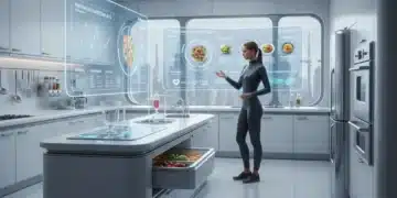 Futuristic kitchen displaying personalized nutrition data and meal plans