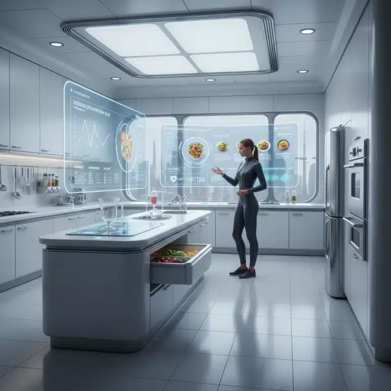 Futuristic kitchen displaying personalized nutrition data and meal plans