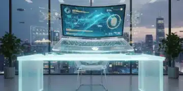 Futuristic transparent laptop with flexible display and AI interface