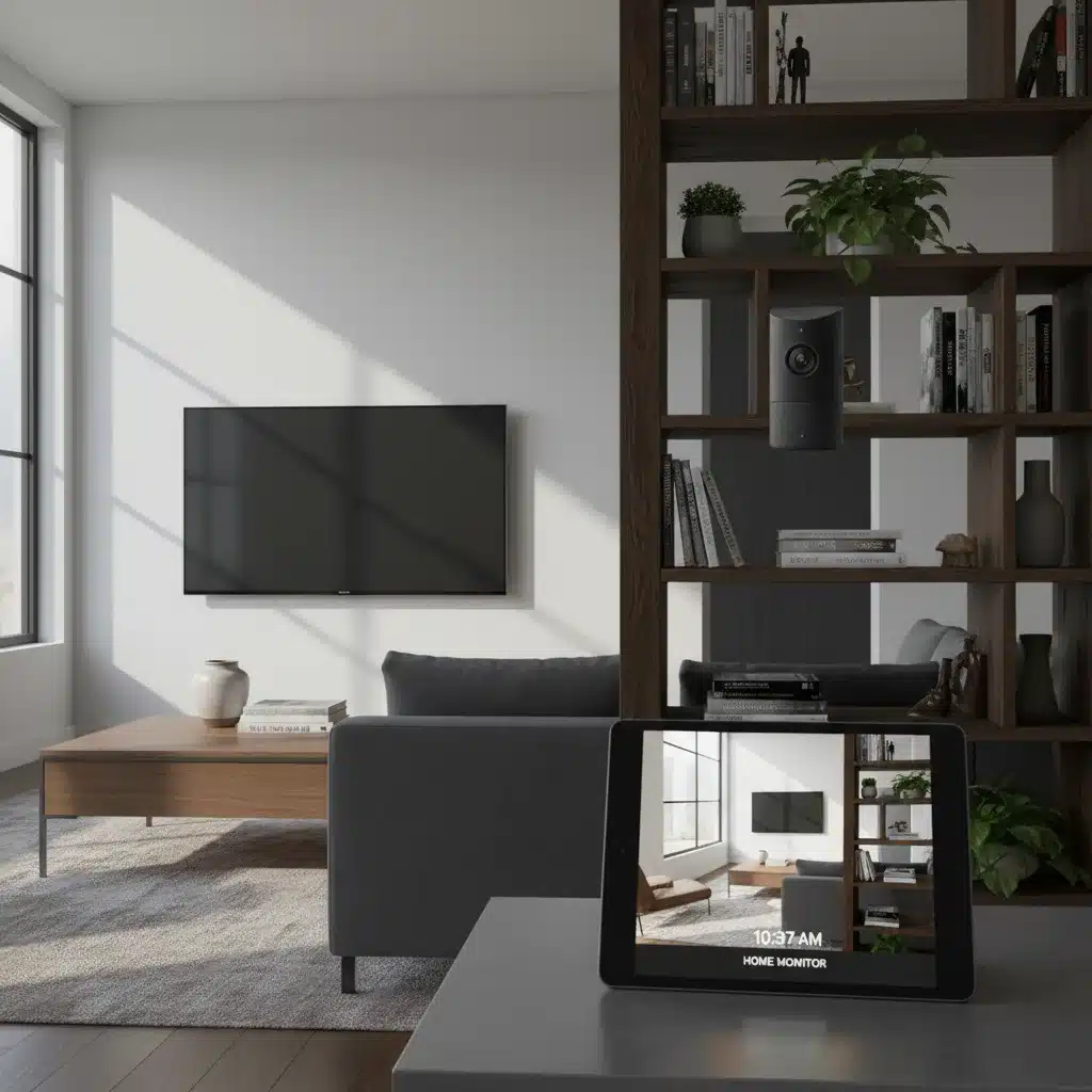 Indoor smart security camera monitoring a living room