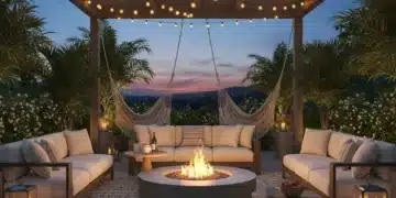 Luxurious outdoor living space with fire pit and ambient lighting at dusk