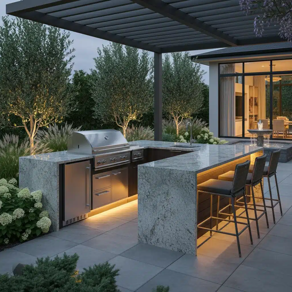 Modern outdoor kitchen with built-in grill and bar seating