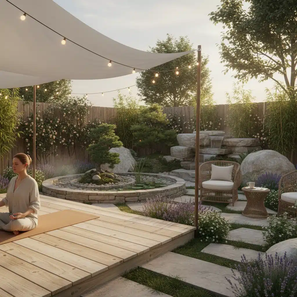Serene outdoor wellness retreat with yoga deck and meditation garden