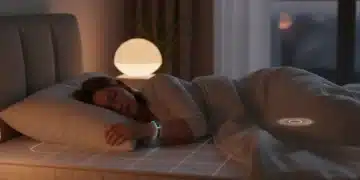 Person sleeping peacefully in a smart bedroom with glowing sleep tech devices