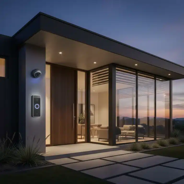 Modern smart home exterior with integrated security devices