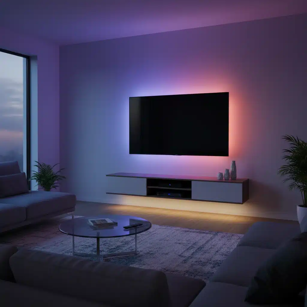 Smart LED strip lighting behind TV and under console table for ambient glow