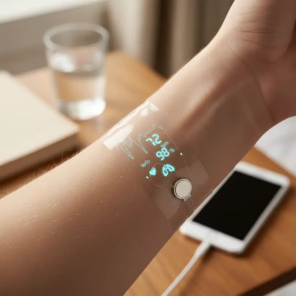 Flexible wearable sensor patch monitoring biometric data on skin.