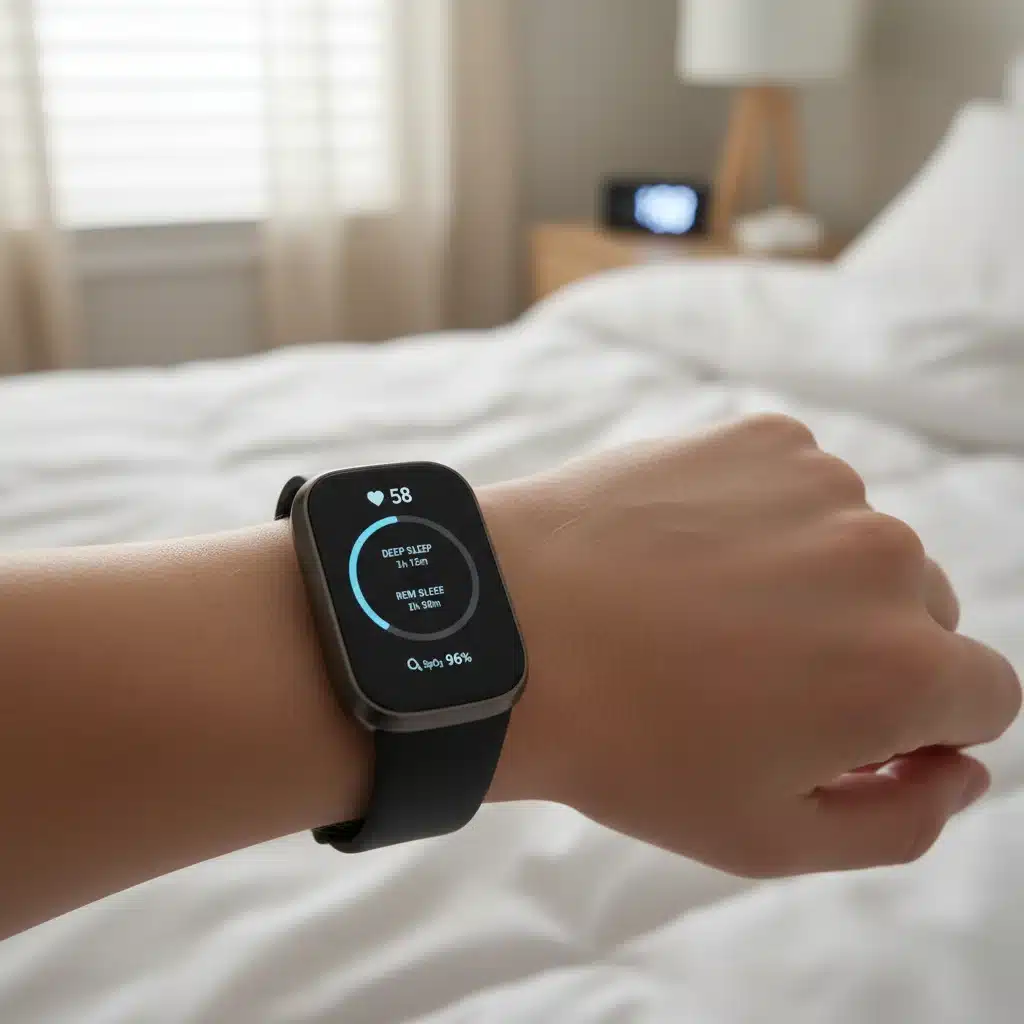 Modern wearable sleep tracker displaying sleep data on a wrist