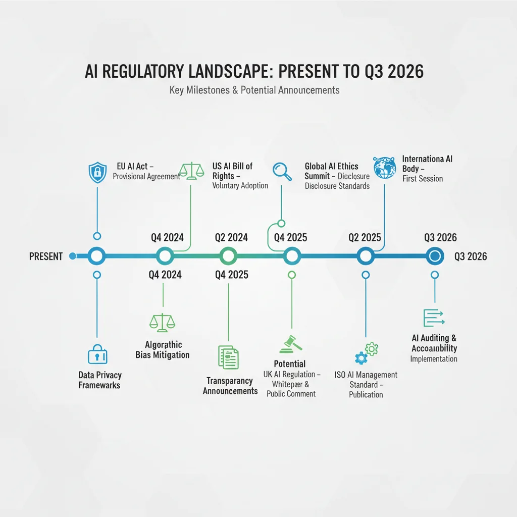 Infographic showing a timeline of upcoming AI regulatory milestones and key areas.