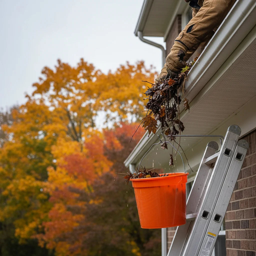 Homeowner cleaning clogged gutters in autumn, preventing water damage