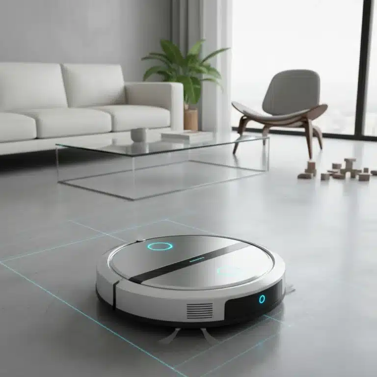 Futuristic robotic vacuum with advanced AI navigation in a modern home