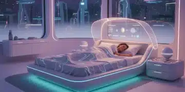 Futuristic smart bed with glowing tech, person sleeping soundly