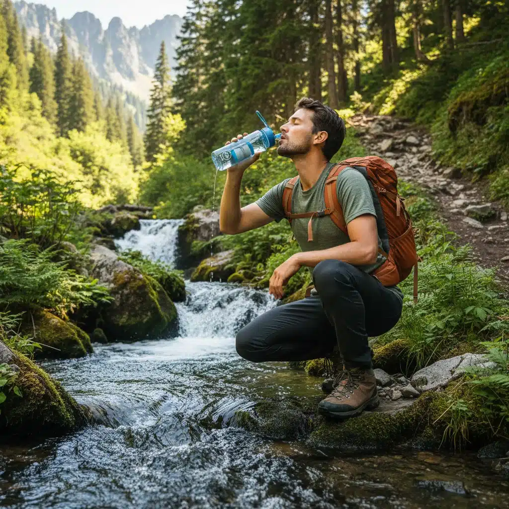 Hiker using a portable water filter bottle on a mountain trail with a stream.