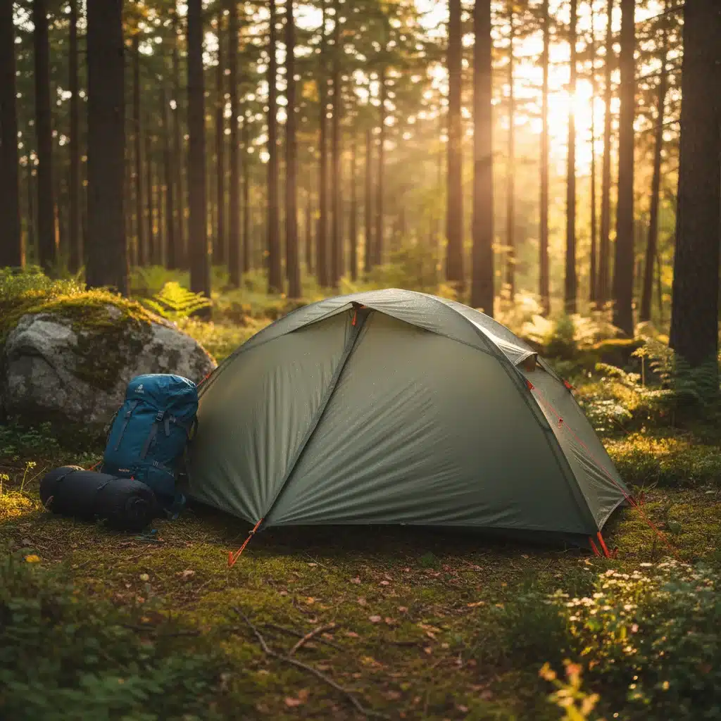 Lightweight camping tent and essential gear set up in a serene forest environment.