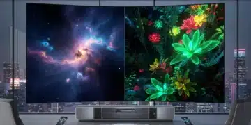Futuristic living room with a large, ultra-thin display, illustrating the visual differences between QD-OLED and MicroLED technologies.