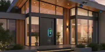 Modern home with smart security cameras and digital lock at dusk