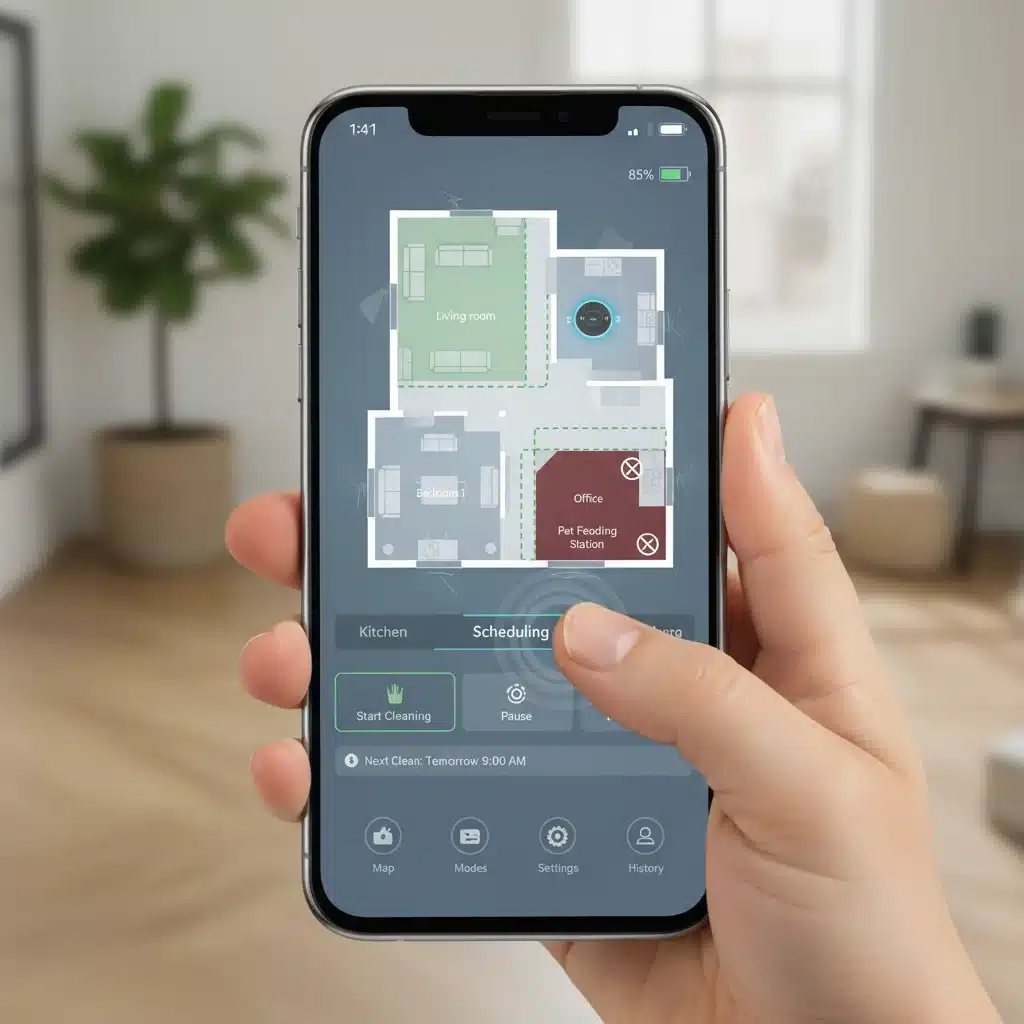 Smartphone app controlling a robotic vacuum with advanced mapping features