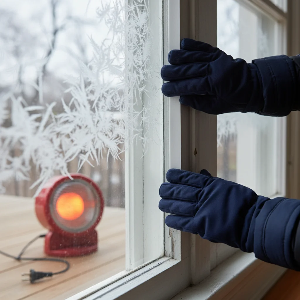 Hands applying weatherstripping to a drafty window in winter for energy efficiency