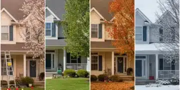 Well-maintained suburban home through four seasons, representing DIY home maintenance