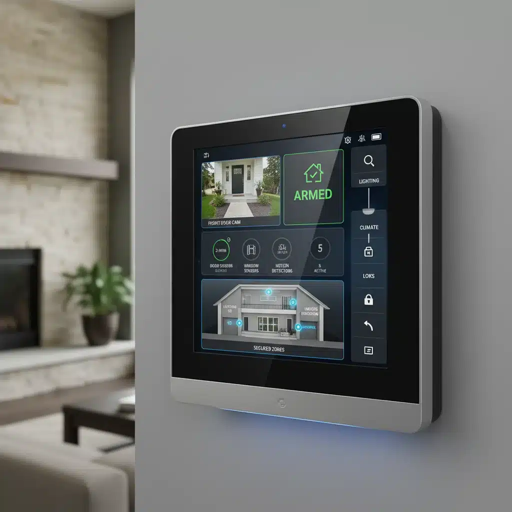 Smart home security control panel interface showing integrated devices