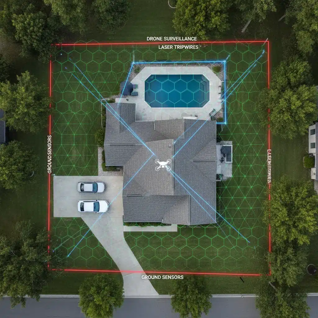 Overhead view of a suburban home with advanced perimeter defense zones highlighted