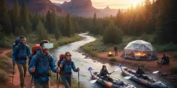 Diverse group of US explorers using modern outdoor adventure gear in scenic wilderness.