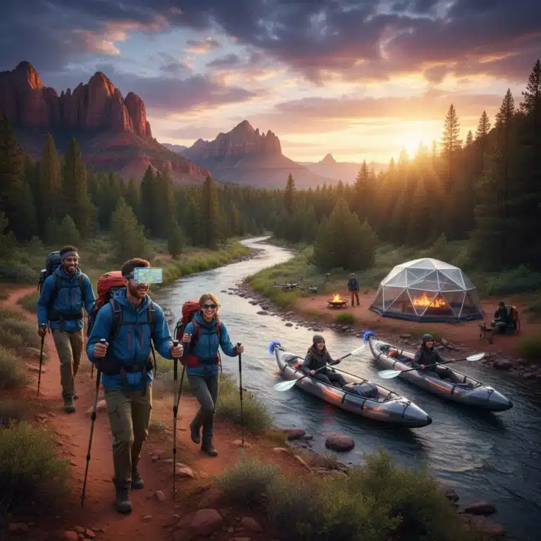 Diverse group of US explorers using modern outdoor adventure gear in scenic wilderness.