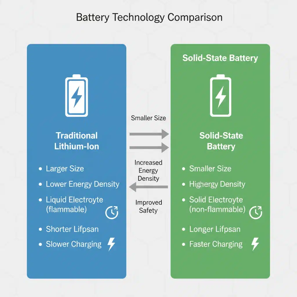 Infographic comparing traditional lithium-ion and solid-state battery performance