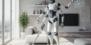 Futuristic domestic robot cleaning a smart home living room
