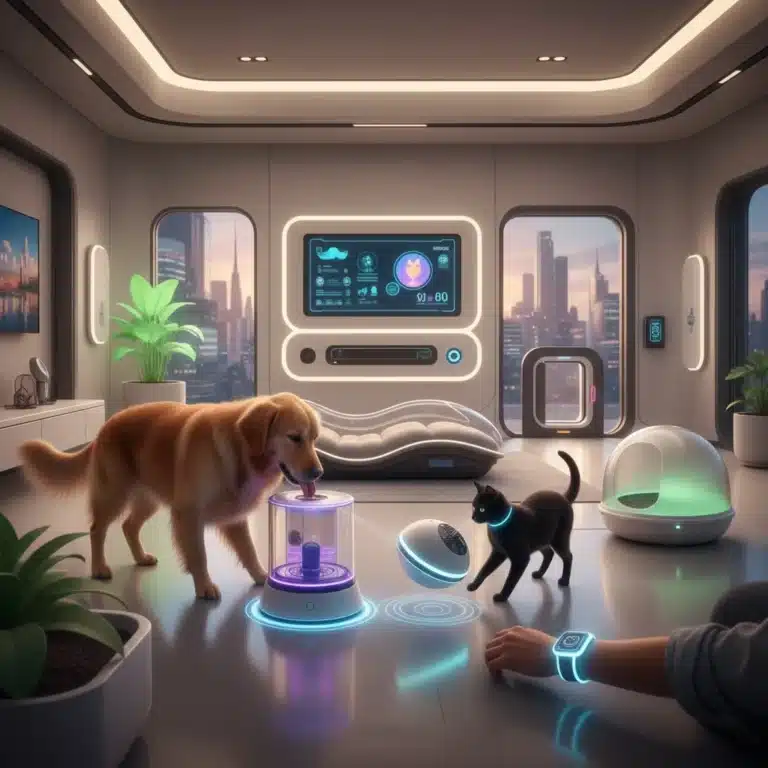Futuristic pet tech devices enhancing pet wellness in a modern home