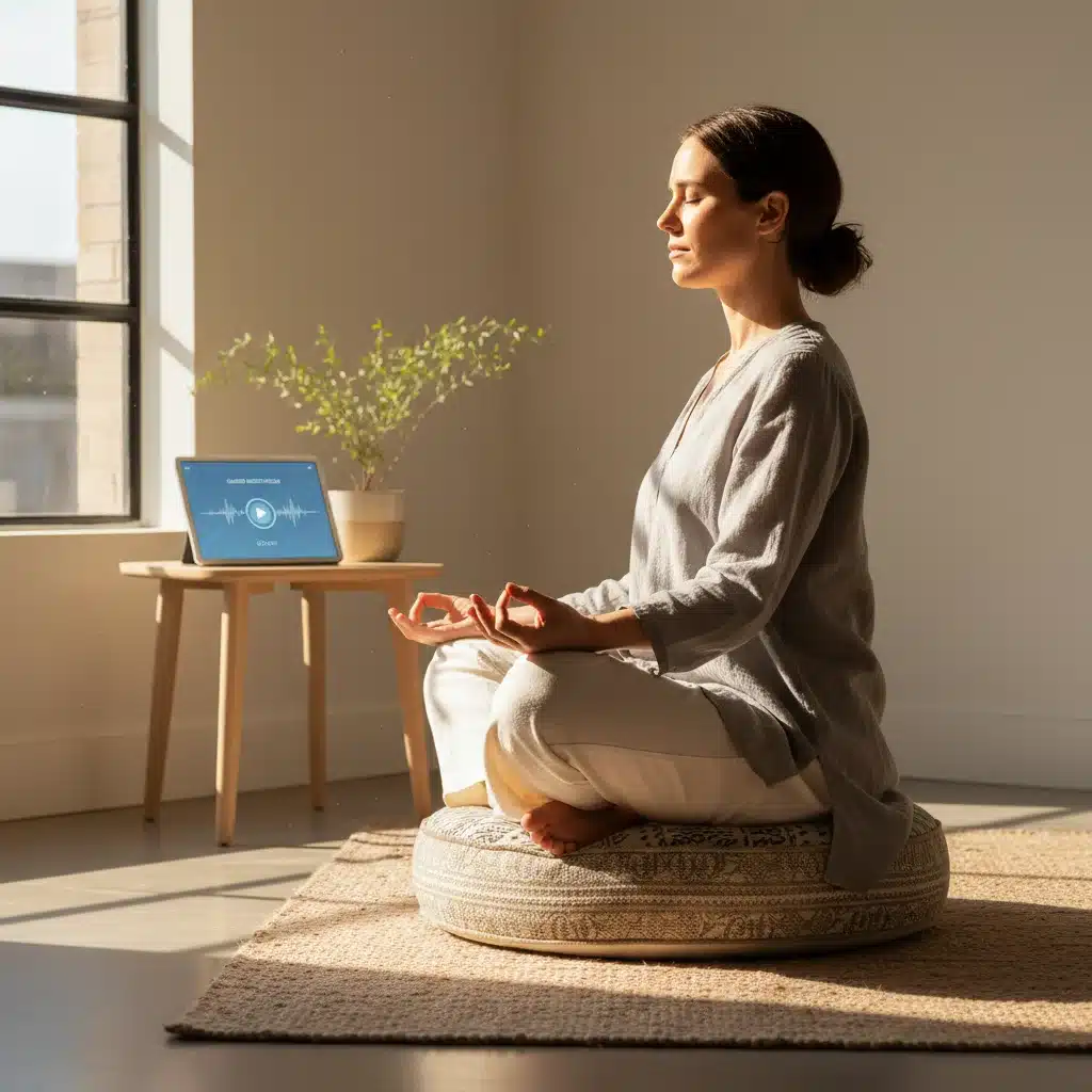 Person meditating with a smart device and cushion, demonstrating mindfulness for morning wellness.