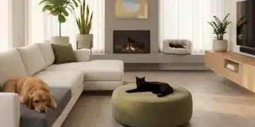 2026 Pet-Friendly Home Design: Innovations for Harmonious Living Modern living room with pet-friendly furniture and happy pets