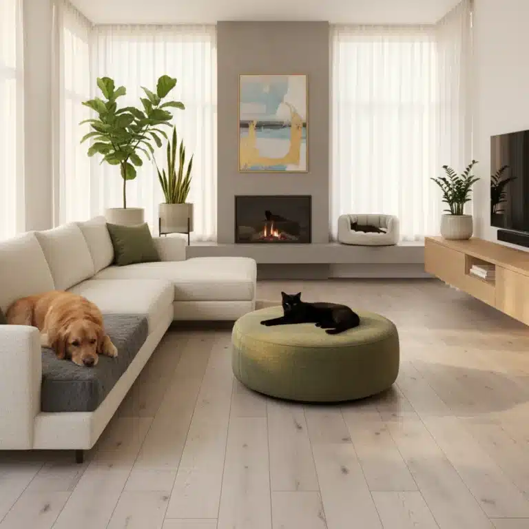 Modern living room with pet-friendly furniture and happy pets
