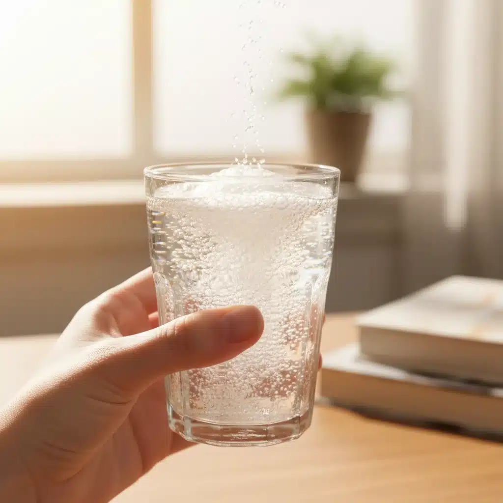 Hand holding a glass of water with a dissolving effervescent vitamin tablet, promoting morning hydration and supplements.