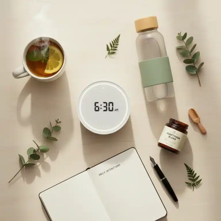 Assortment of modern morning wellness products on a table, including a smart alarm, water bottle, adaptogens, and journal.