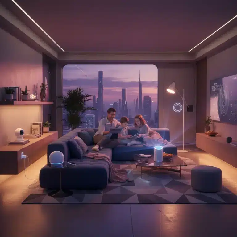 Modern living room with affordable smart home gadgets enhancing comfort