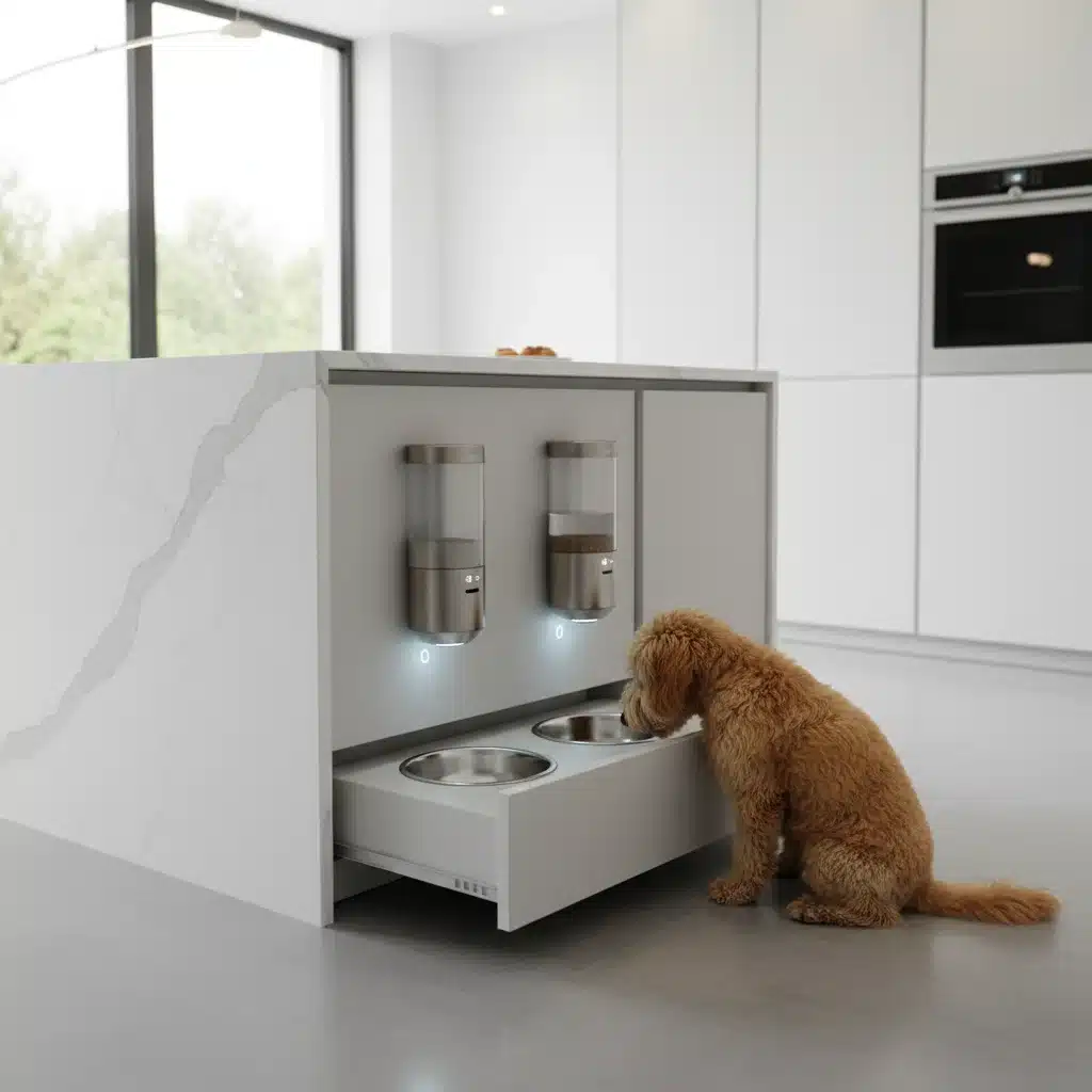 Integrated smart pet feeding station in a modern kitchen