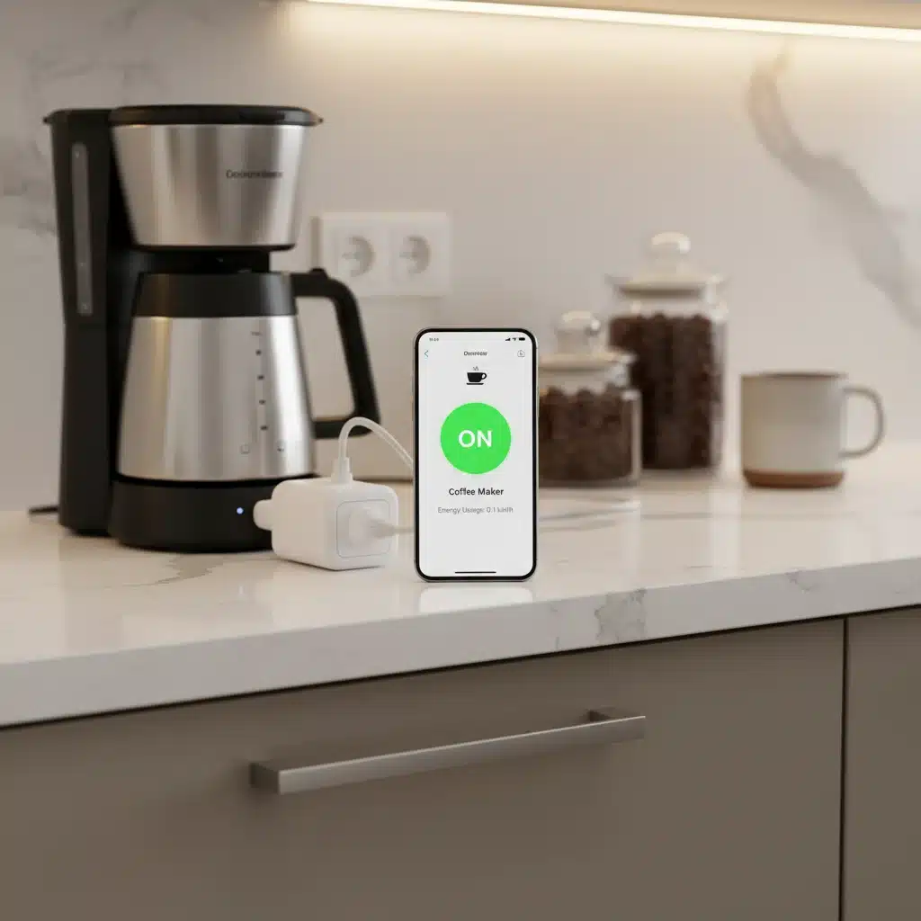 Smart plug automating coffee maker, controlled by smartphone app