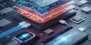 Futuristic solid-state battery powering portable electronics with enhanced efficiency