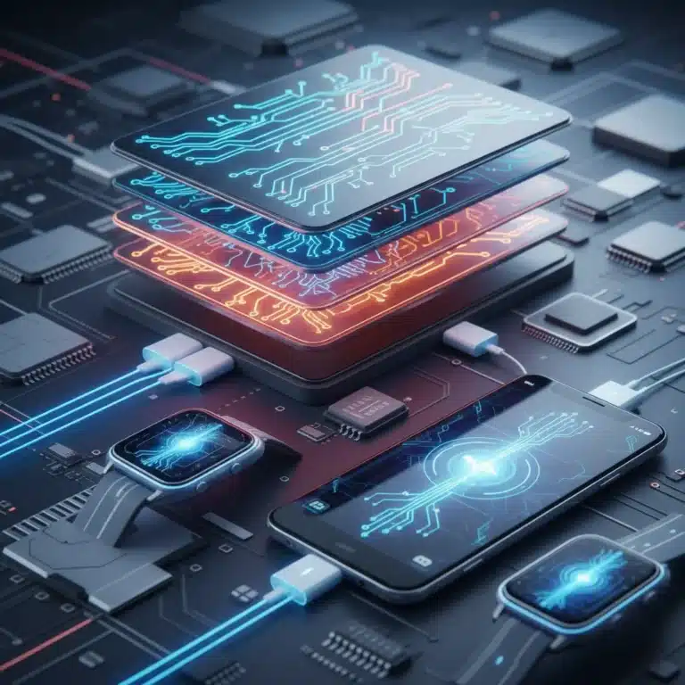 Futuristic solid-state battery powering portable electronics with enhanced efficiency