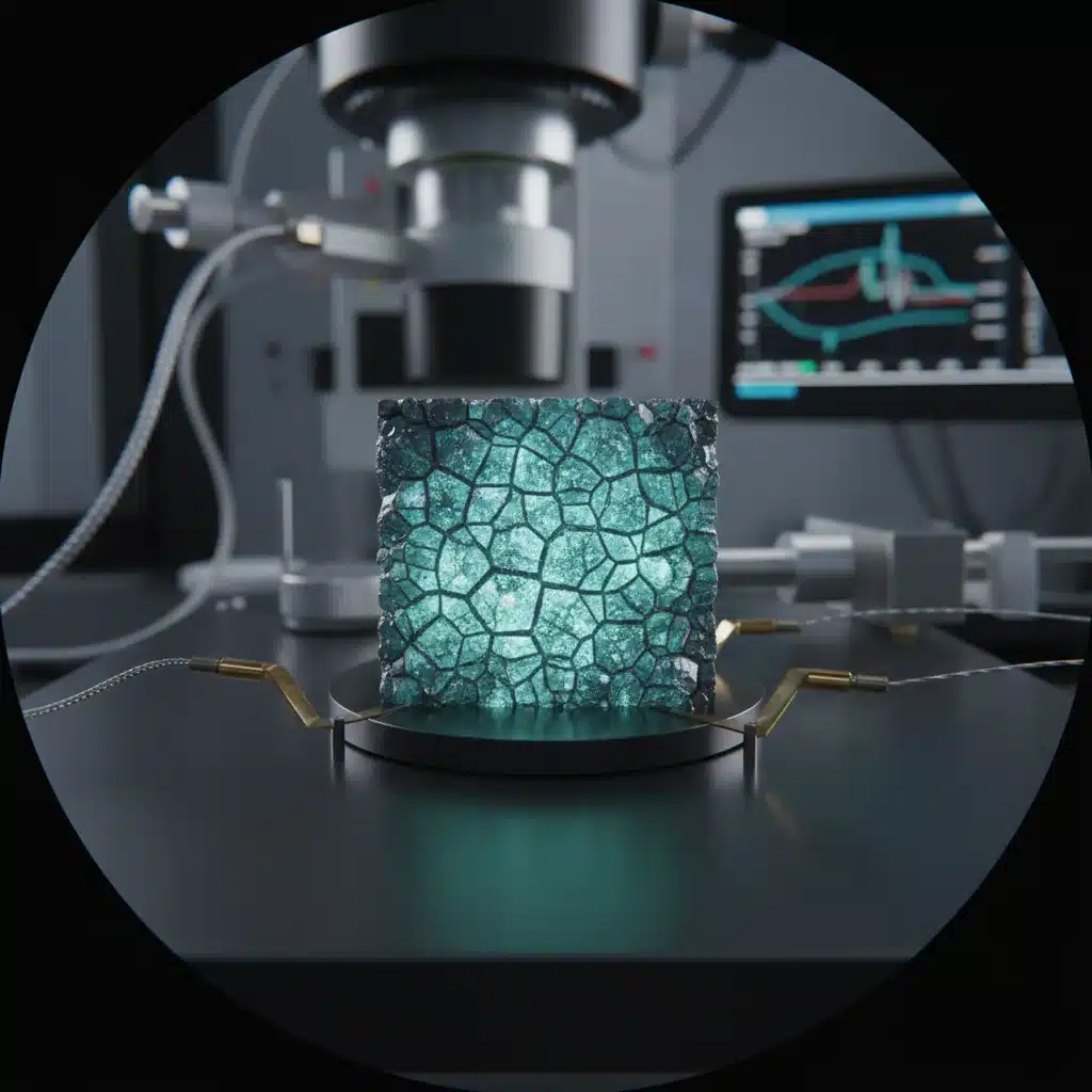 Microscopic view of advanced solid-state electrolyte material in a laboratory