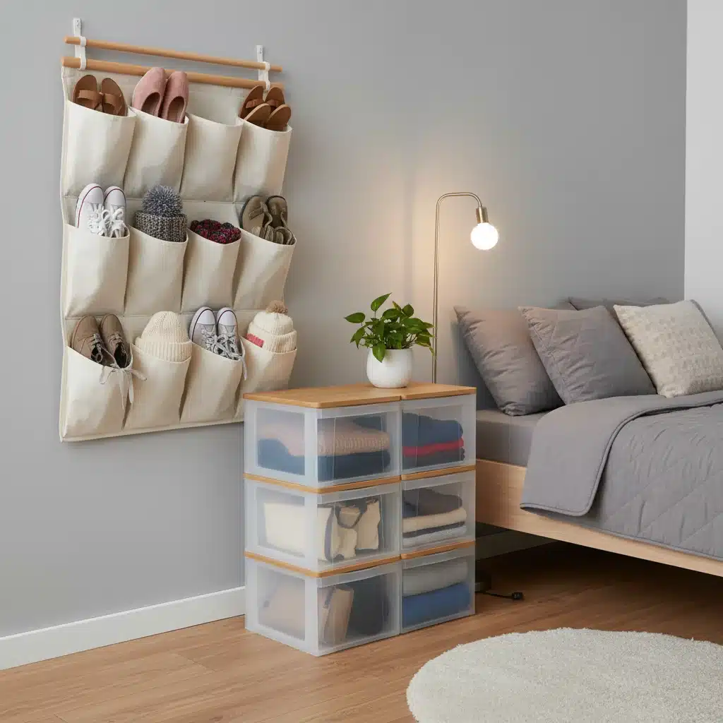 Bedroom corner with wall-mounted shoe organizer and stackable storage bins