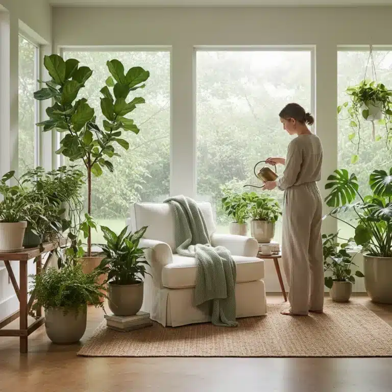 Person watering a lush green potted plant in a bright, calming indoor space, promoting wellness.