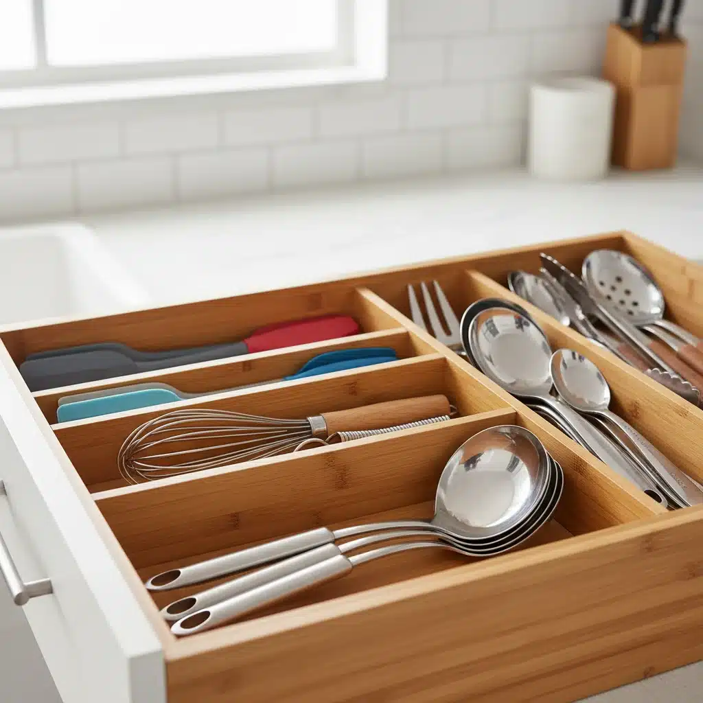 Neatly organized kitchen drawer with budget-friendly utensil divider