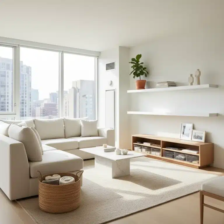 Organized living room with affordable storage baskets and shelves