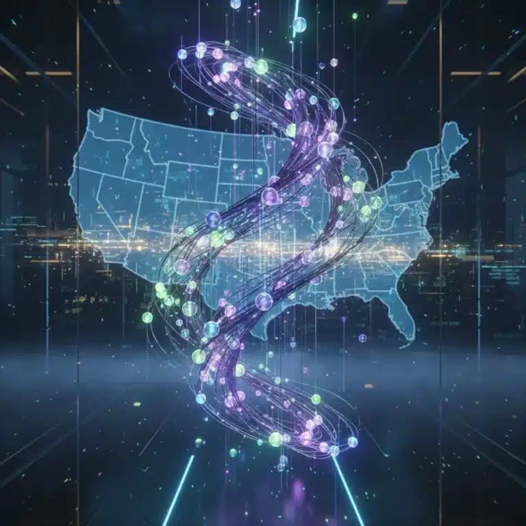 Quantum computing network glowing over a map of the US, symbolizing technological advancement and impact.