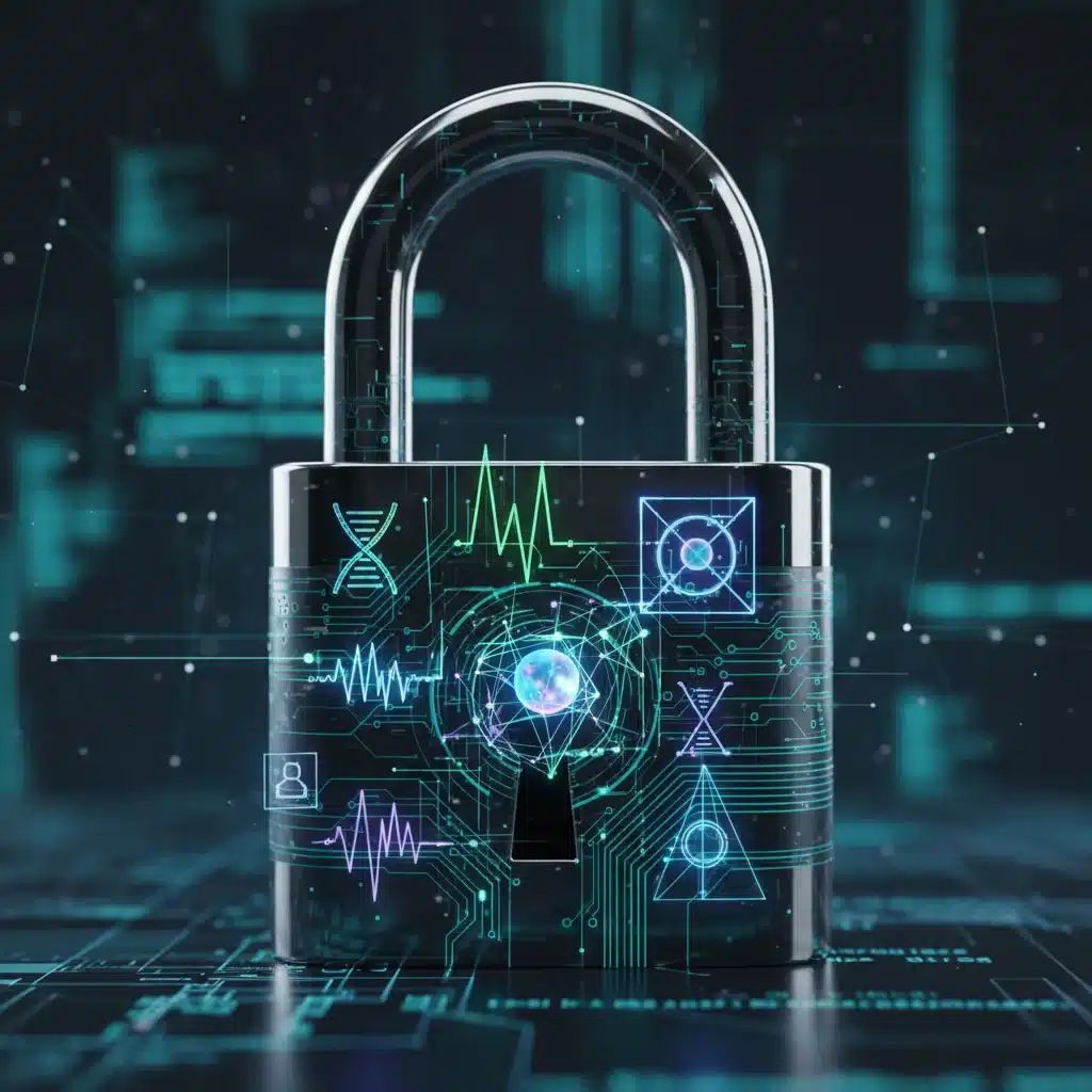 Digital padlock with quantum symbols, illustrating quantum cybersecurity.